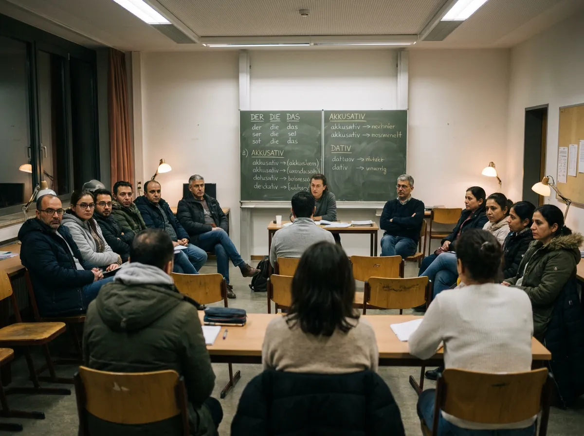 Evening language class with around twenty adults in front of a board with grammar notes