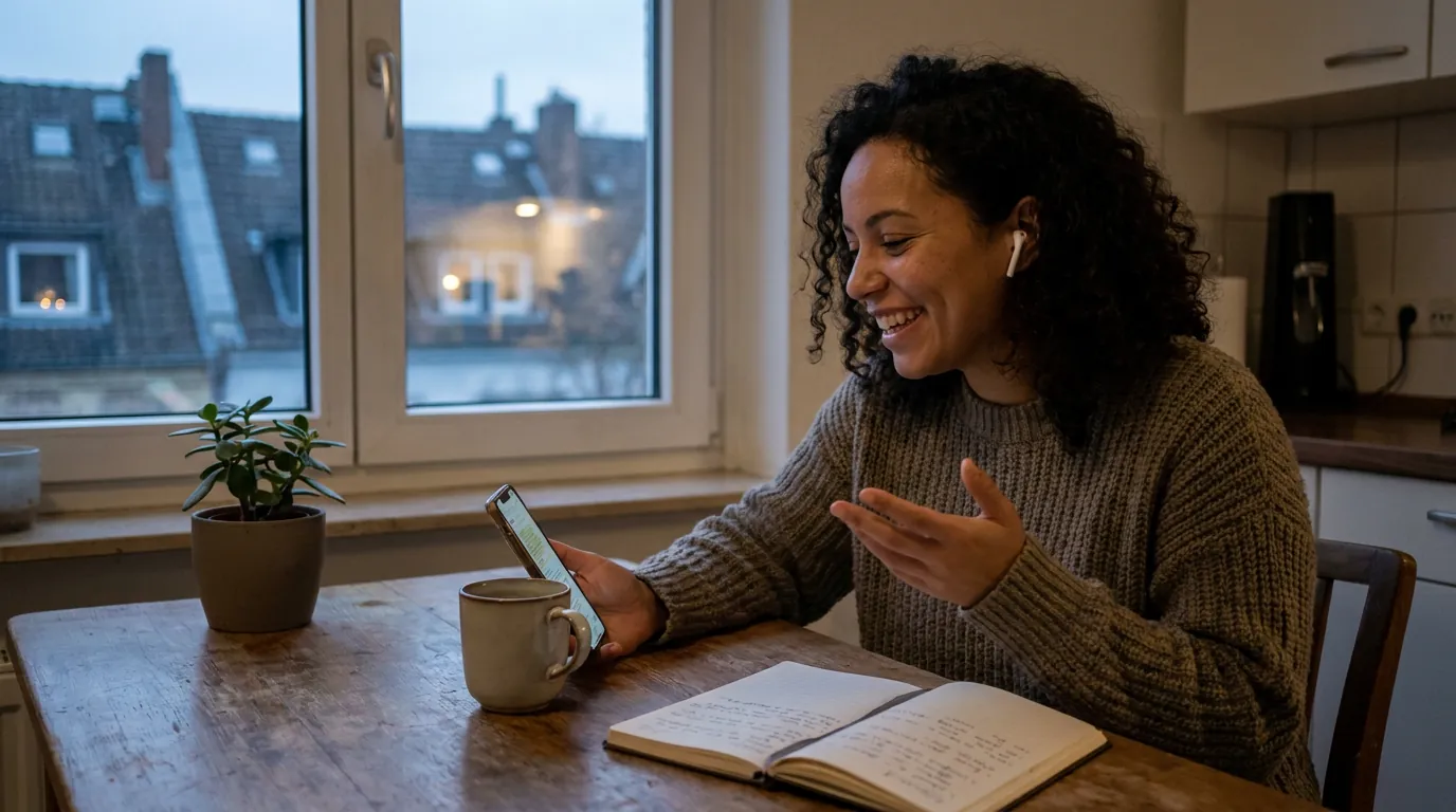 Young woman wearing earbuds smiles while on a video call on her phone at the kitchen table