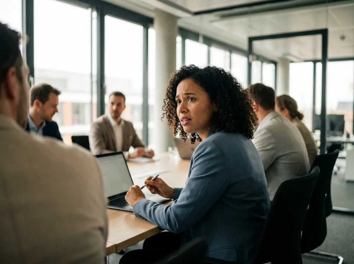 Woman hesitating mid-sentence in an office meeting while colleagues sit around the table