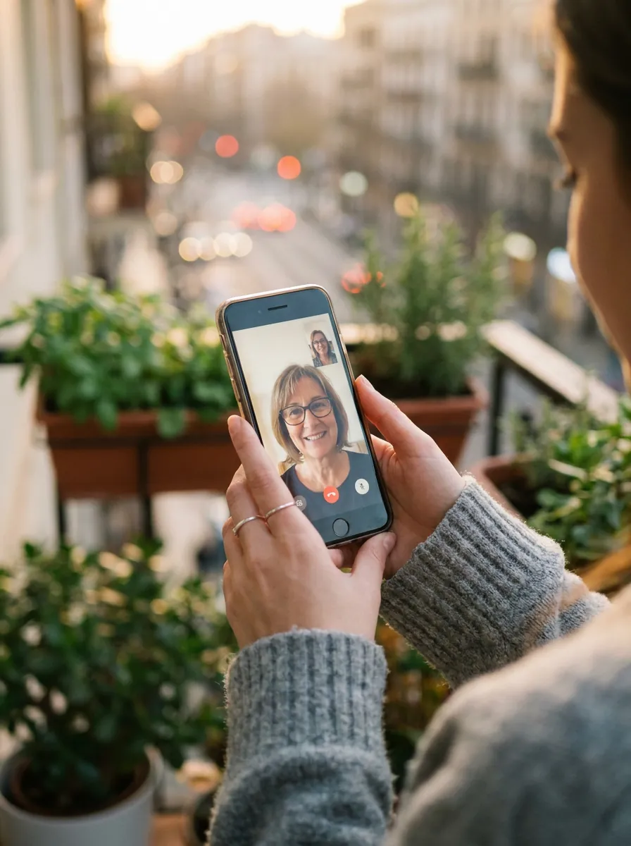 Hands holding a smartphone on a balcony during a video call with a tutor